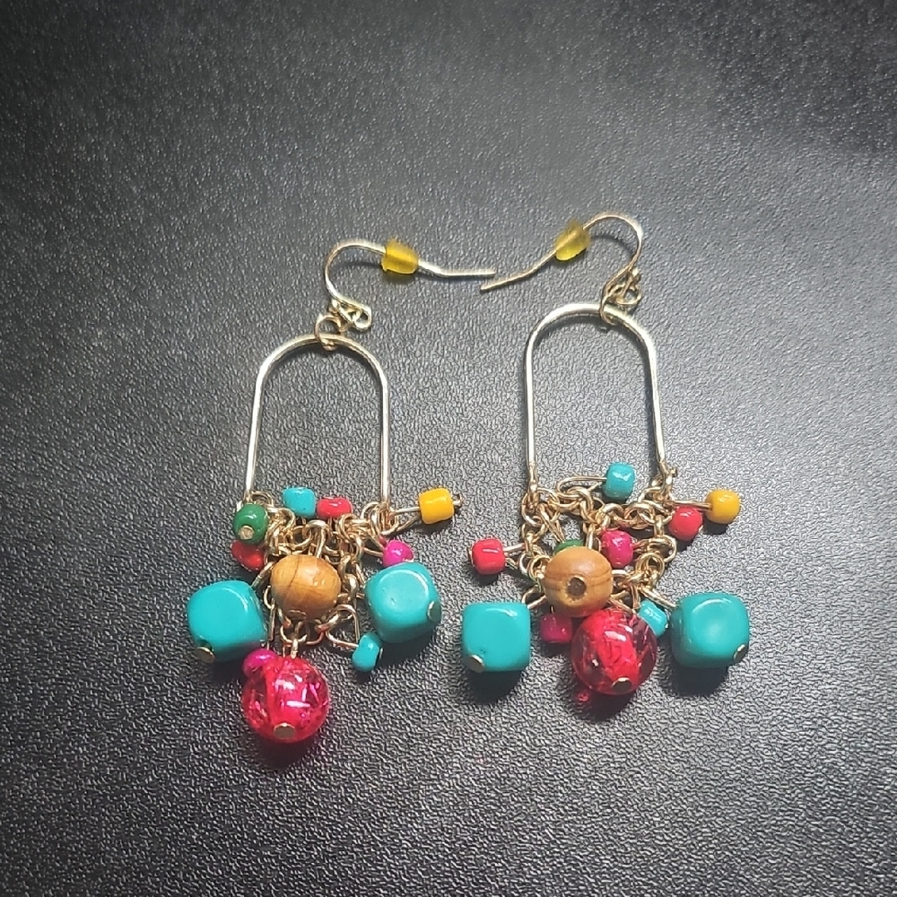 Colorful Turquoise & Red Beaded Dangle Earrings